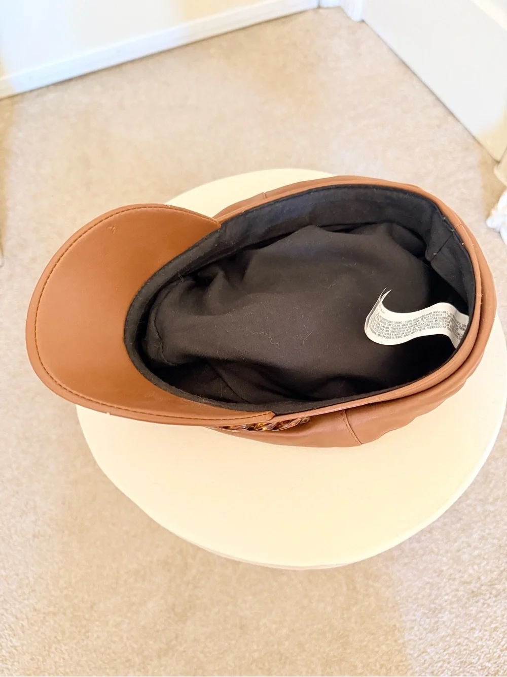 ZARA Brown Faux Leather Baker Boy Hat with Tortoiseshell Chain